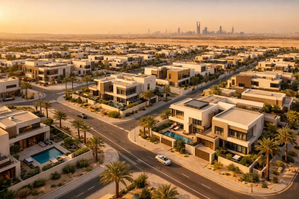 real estate investment in Saudi Arabia modern residential community in Riyadh aerial view showing high demand housing and urban development growth