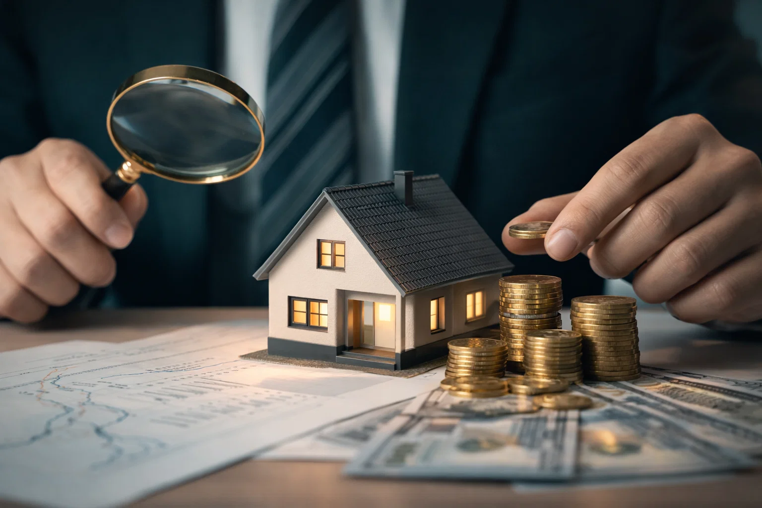 real estate feasibility study in Saudi Arabia showing property investment analysis with house model coins and financial evaluation