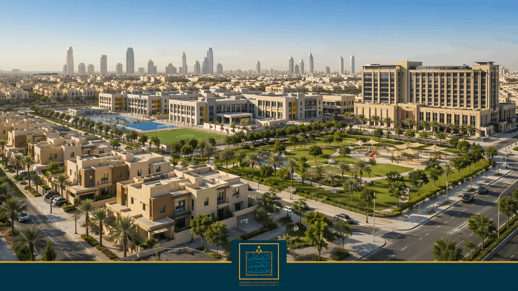Modern residential areas in Riyadh skyline with villas, apartments, green parks and family-friendly community living in Saudi Arabia
