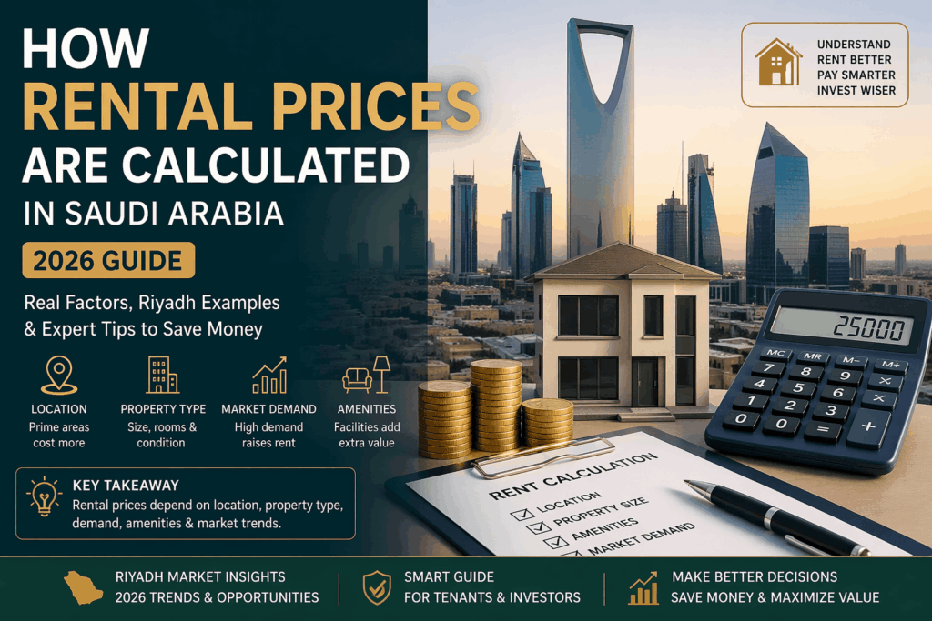 How rent is calculated in Saudi Arabia with real estate investment concept showing property pricing, demand factors, and Riyadh housing market analysis 2026