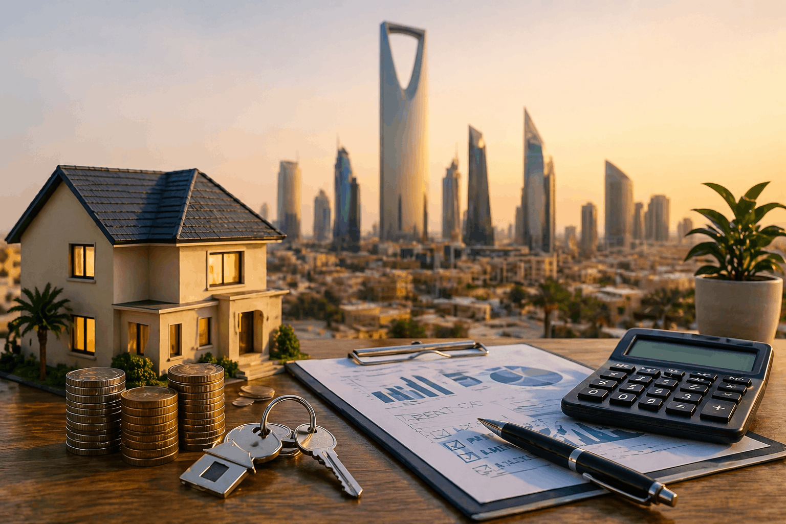 Rental prices in Saudi Arabia 2026 with Riyadh skyline showing how rent is calculated using property value, demand, and market factors