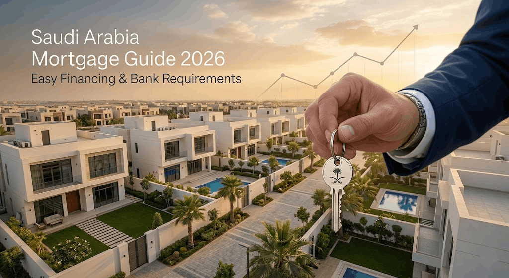 real estate financing in Saudi Arabia with house key and modern Riyadh skyline representing mortgage options and property investment