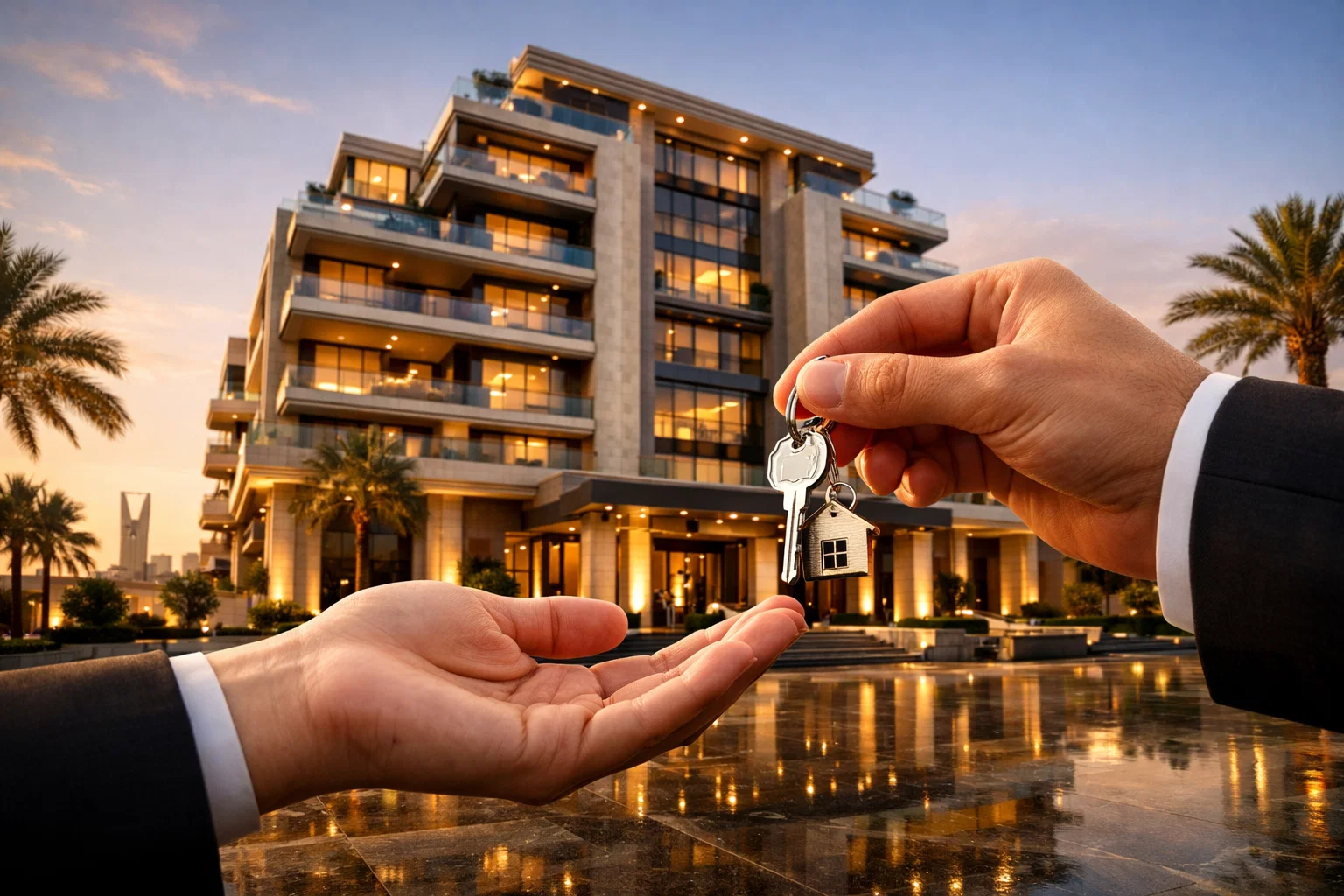 modern residential building in Riyadh with key handover symbolizing property ownership transfer in Saudi Arabia