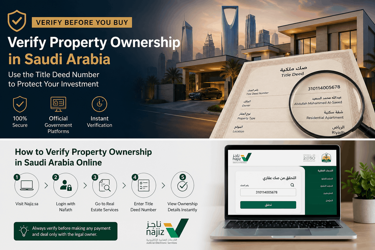 how to verify property ownership in Saudi Arabia using title deed number through Najiz platform with Riyadh skyline real estate scene
