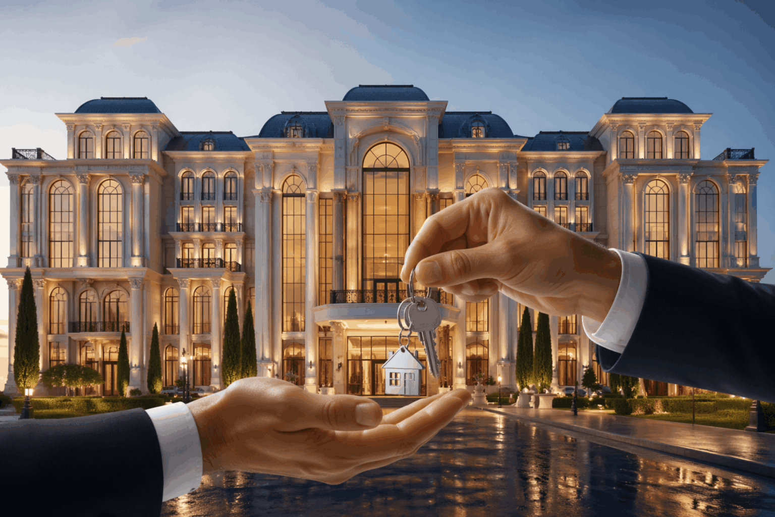 نقل ملكية العقار في السعودية مع تسليم مفتاح عقار فاخر أمام مبنى سكني حديث في الرياض