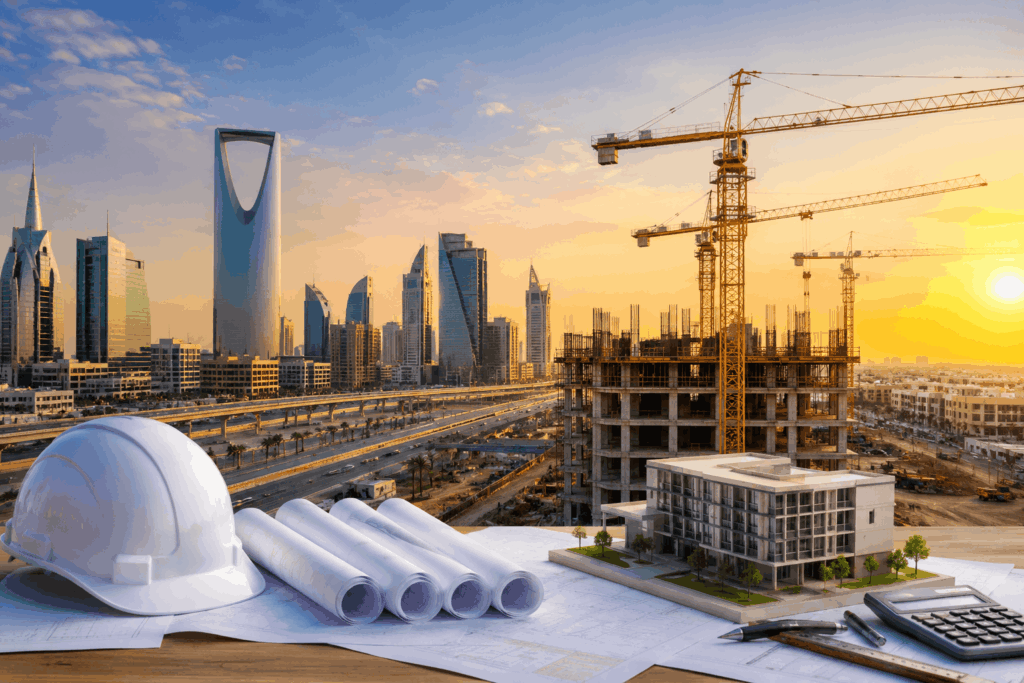 Modern real estate development project in Riyadh featuring residential towers, construction cranes, architectural plans, and urban infrastructure growth in Saudi Arabia