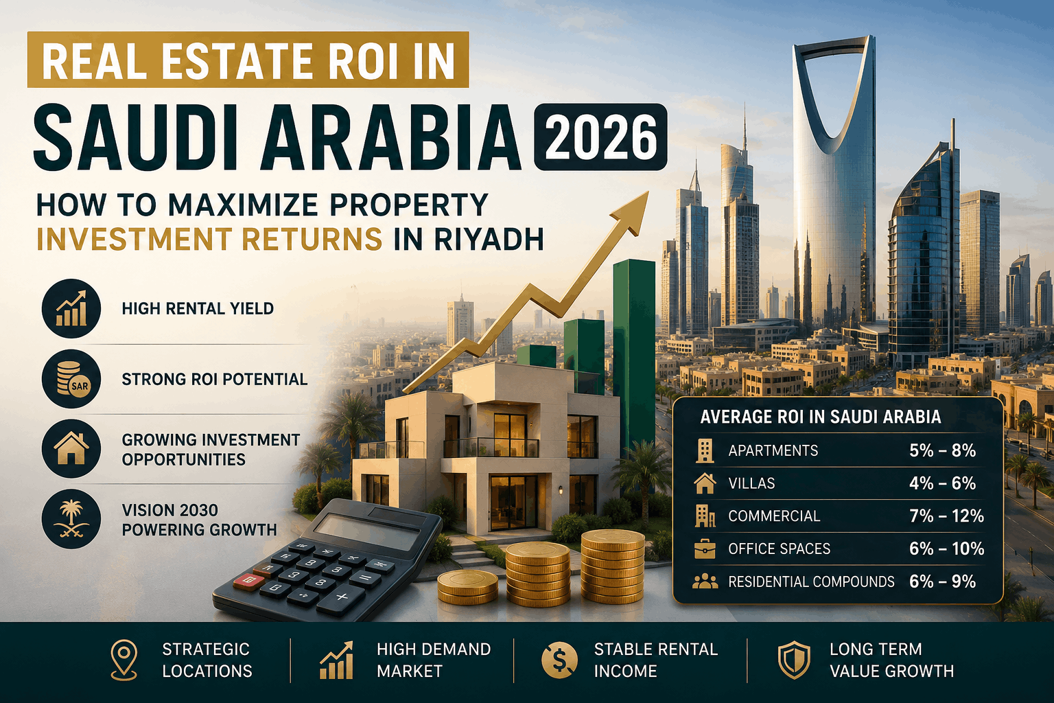 Saudi Arabia real estate ROI analysis with Riyadh skyline, investment growth chart, luxury apartments, and property return insights for investors in 2026