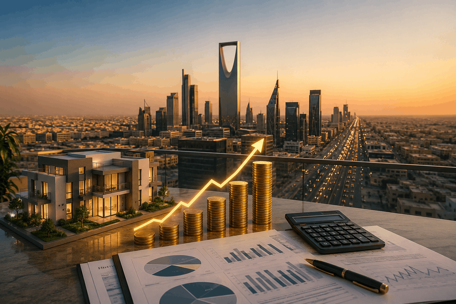 Real estate ROI in Saudi Arabia with Riyadh skyline, property investment growth chart, luxury residential project, and rental yield analysis for investors in 2026