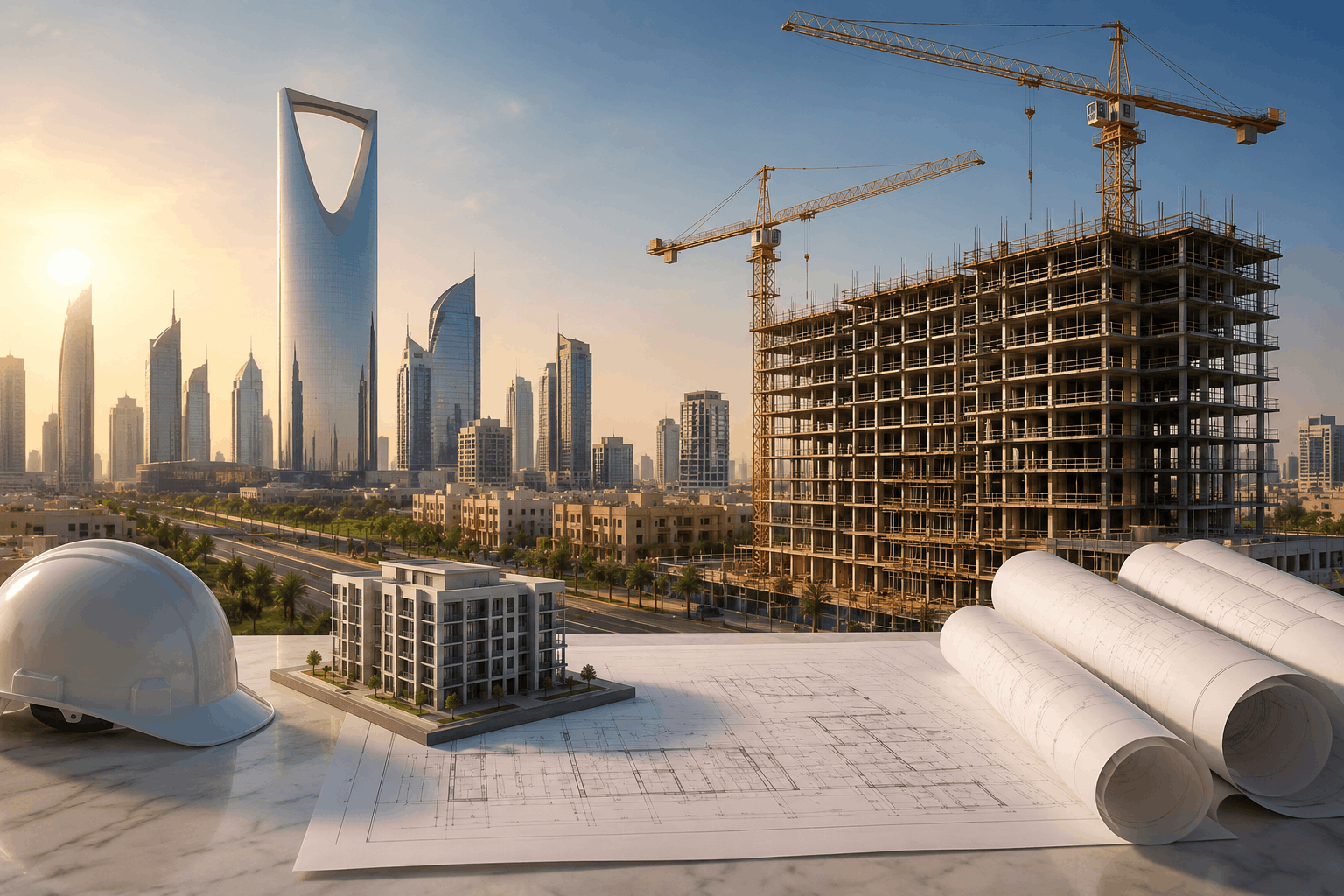 Modern off-plan property development in Saudi Arabia featuring residential construction, cranes, architectural blueprints, and Riyadh skyline representing real estate investment opportunities.