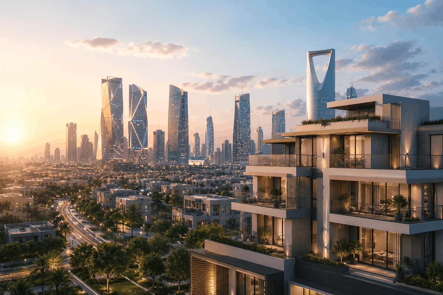 Modern residential development in Riyadh with luxury apartments and futuristic skyline representing real estate investment opportunities in Saudi Arabia.