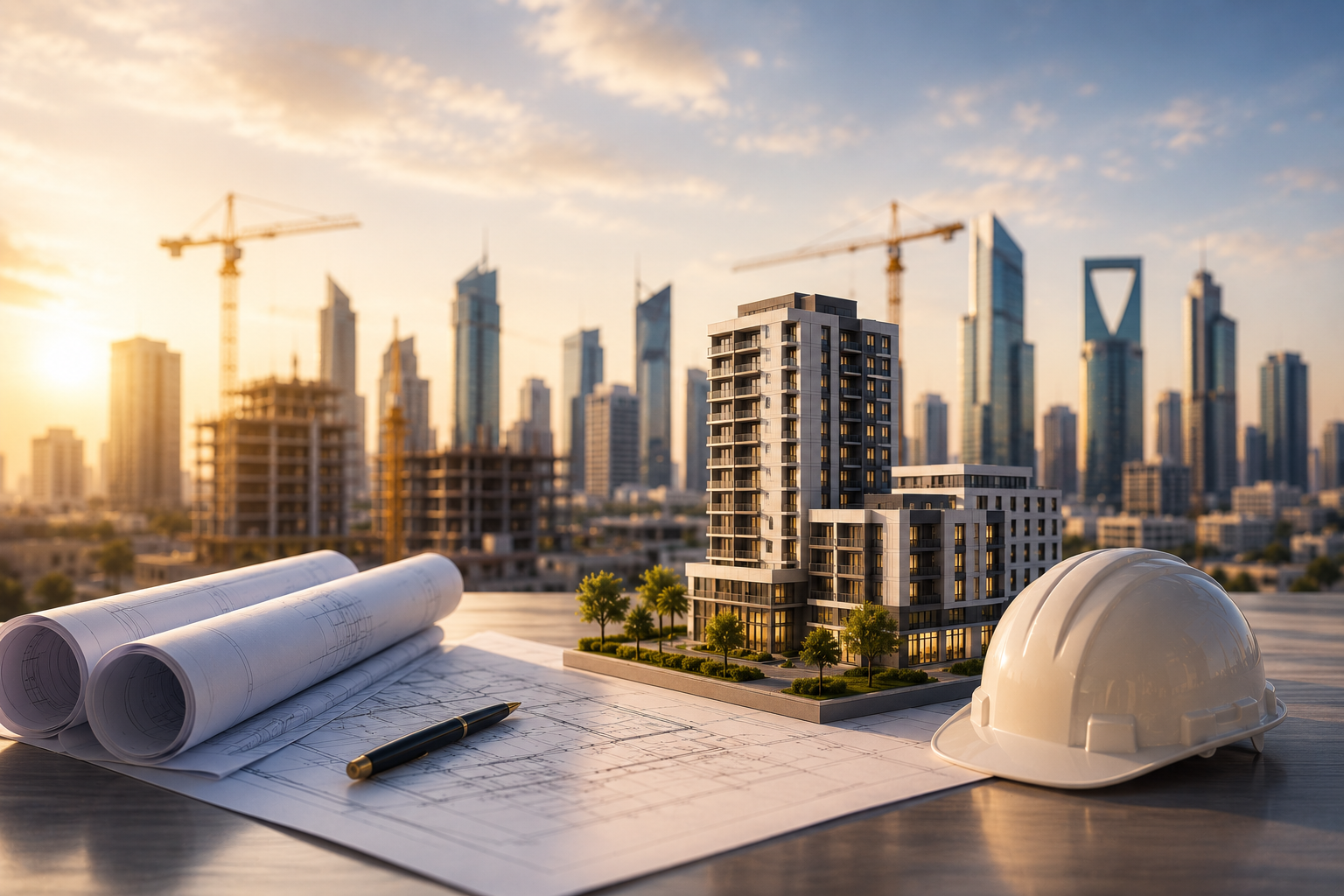 نموذج مشروع عقاري حديث مع مخططات هندسية وخلفية لأبراج مدينة حديثة يعبر عن عوامل نجاح المشاريع العقارية والتطوير العقاري في السعودية.