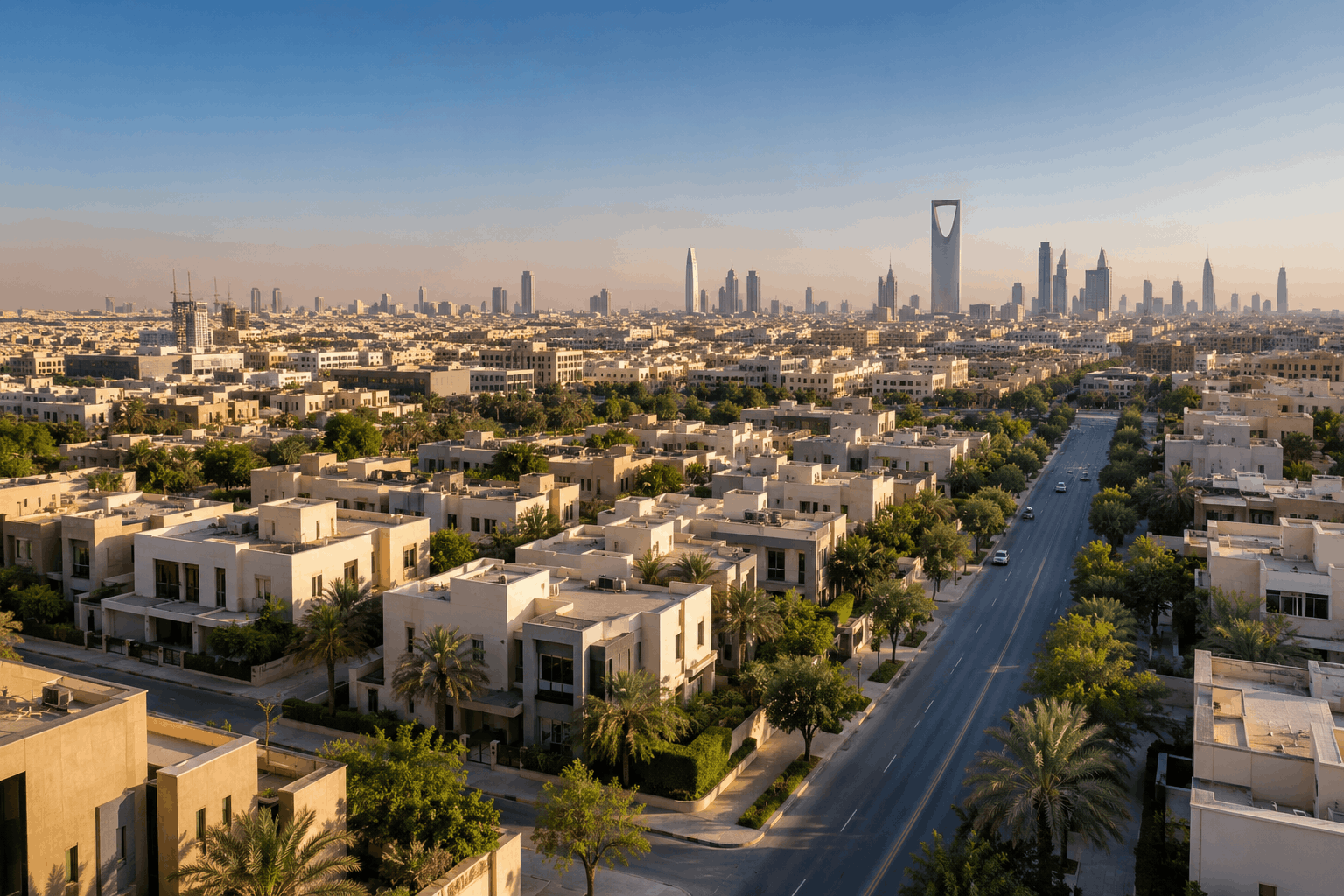 Illustrative aerial view of North Riyadh neighborhoods with modern villas, tree-lined roads and the Riyadh skyline