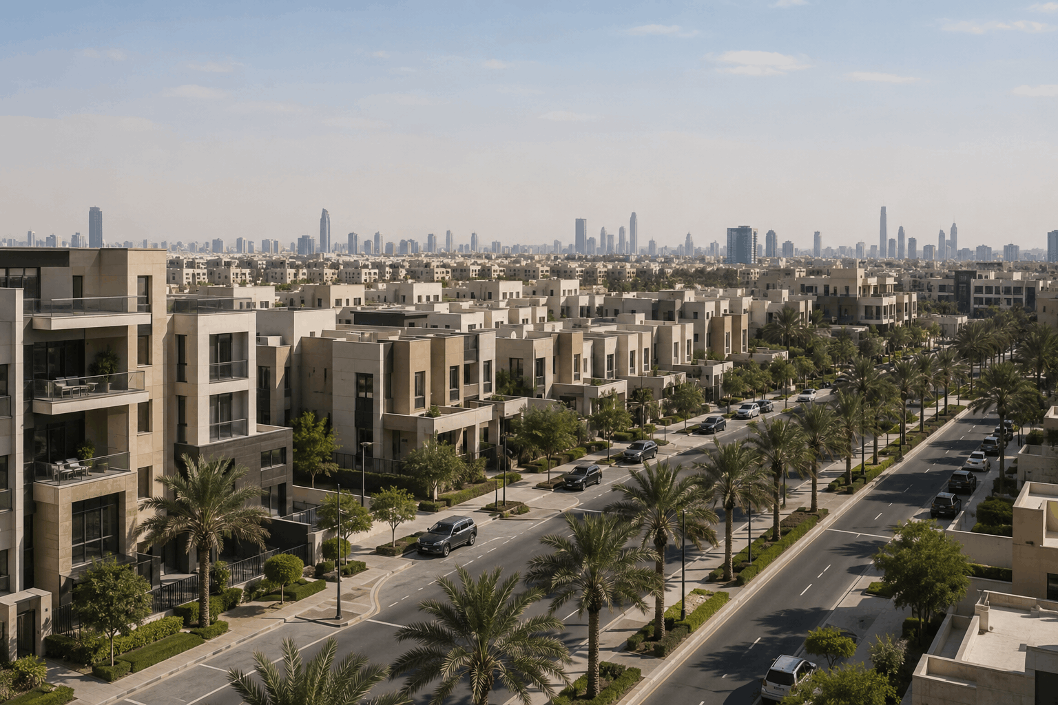 مشهد توضيحي لأحياء شمال الرياض يضم فللًا ومباني سكنية حديثة وطرقًا محاطة بأشجار النخيل