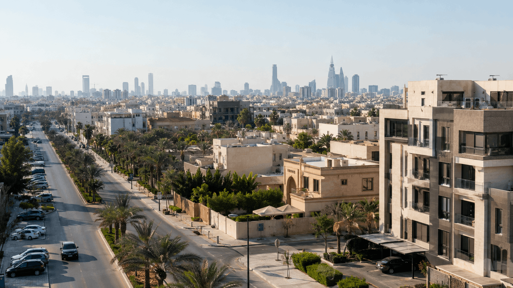 مشهد توضيحي لأحياء وسط الرياض يضم مباني سكنية وفللًا وطرقًا محاطة بالنخيل مع أفق مدينة الرياض