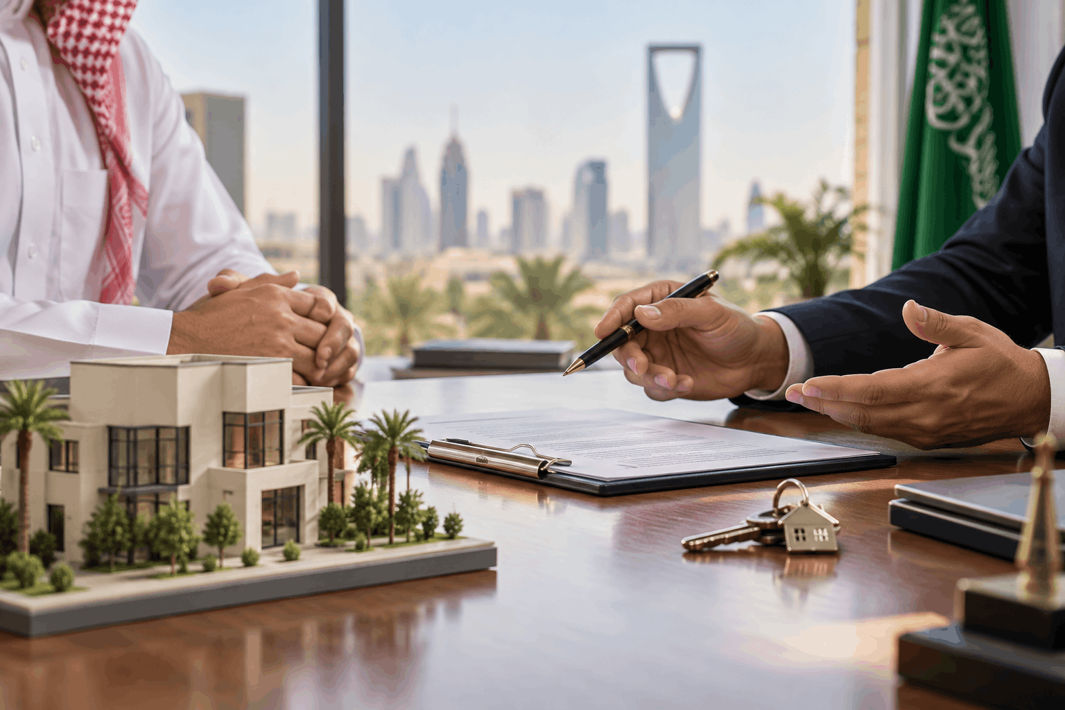 Buyer and seller reviewing who pays the real estate broker commission in Saudi Arabia