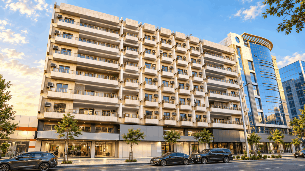 Architectural visualization of a residential and commercial building exterior