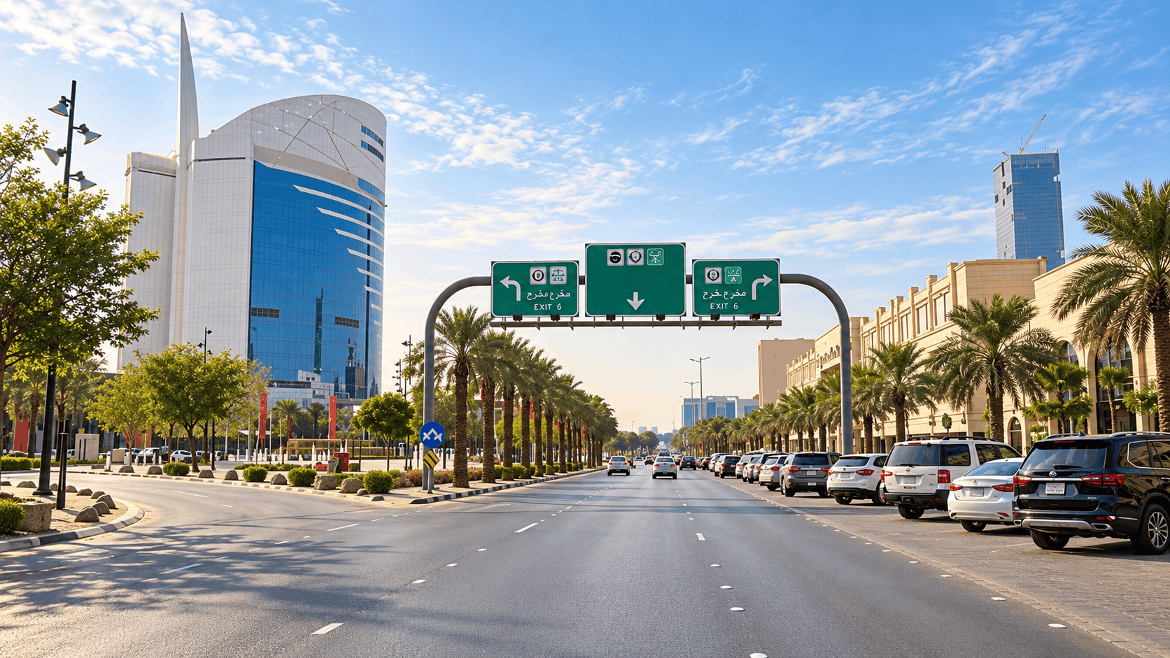 مشهد توضيحي لشارع تصطف على جانبيه أشجار النخيل والمباني التجارية في الرياض