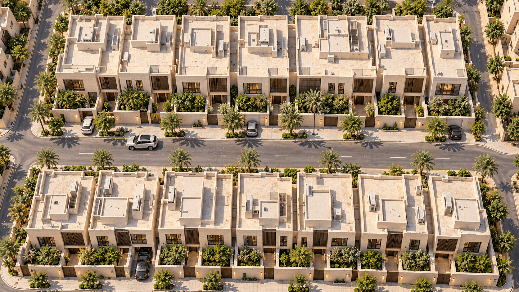 تصميم توضيحي من الأعلى لصفوف تاون هاوس متلاصقة بحدائق أمامية ومداخل مستقلة وشارع تتوزع على جانبيه أشجار النخيل