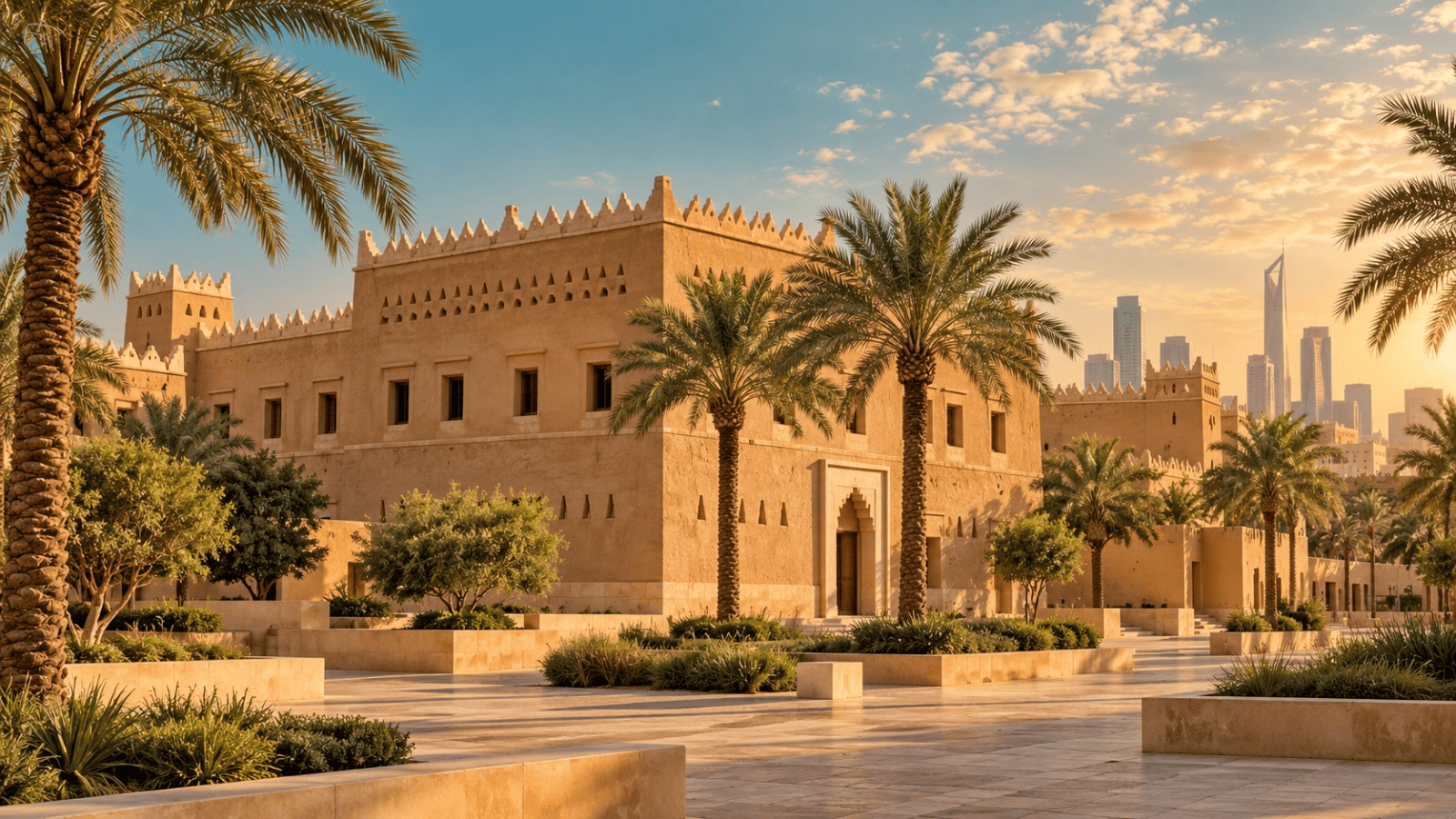 حي المربع في الرياض ومعالمه التاريخية مع العمارة النجدية وأشجار النخيل وأفق مدينة الرياض